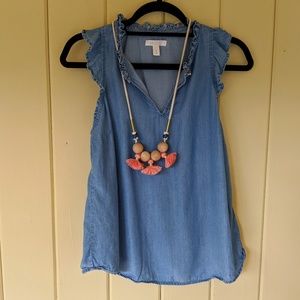 Chambray top with ruffle sleeve